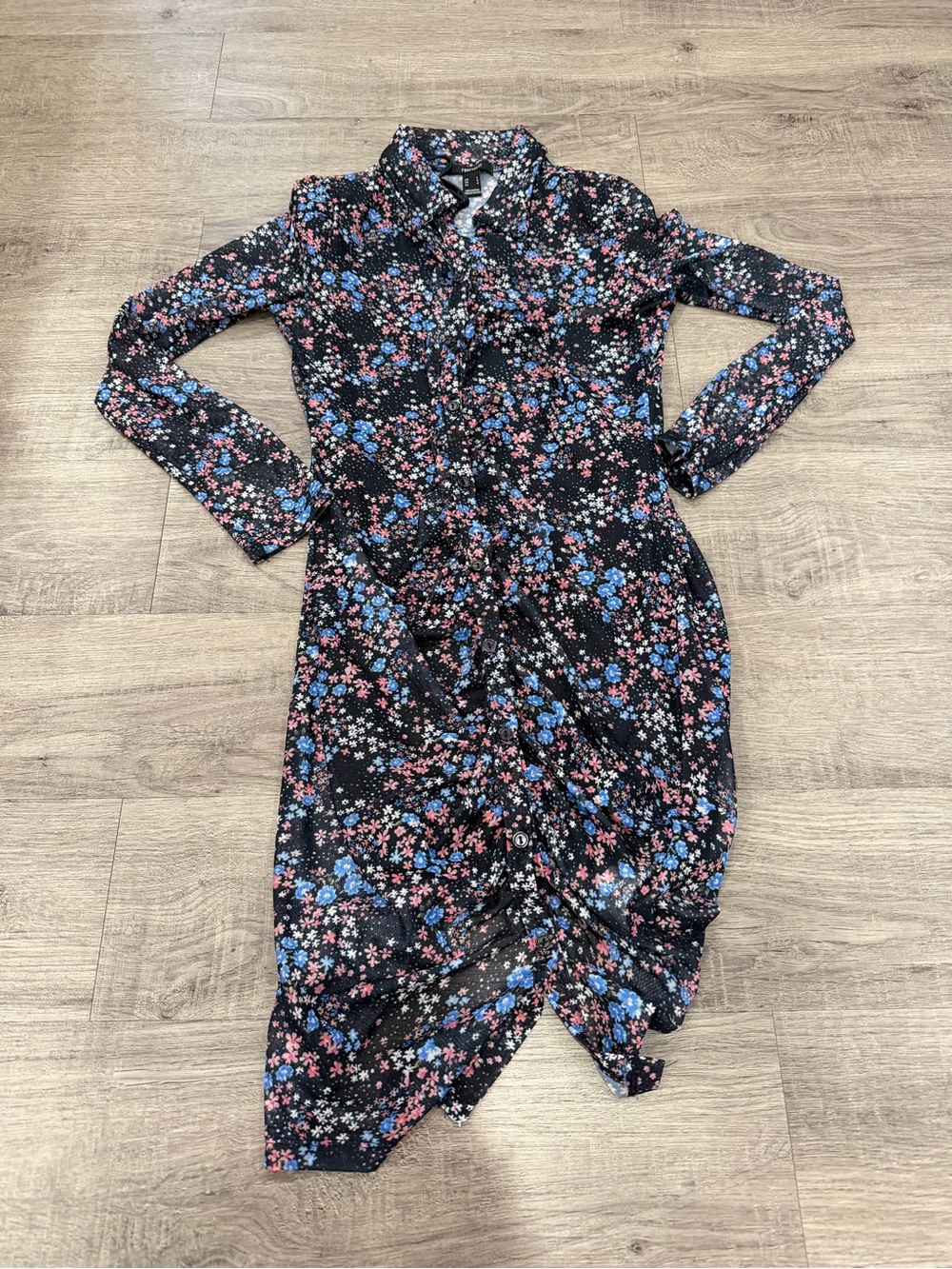 Forever 21 Black Long-Sleeve Shirt Dress with Pink & Blue Floral Print